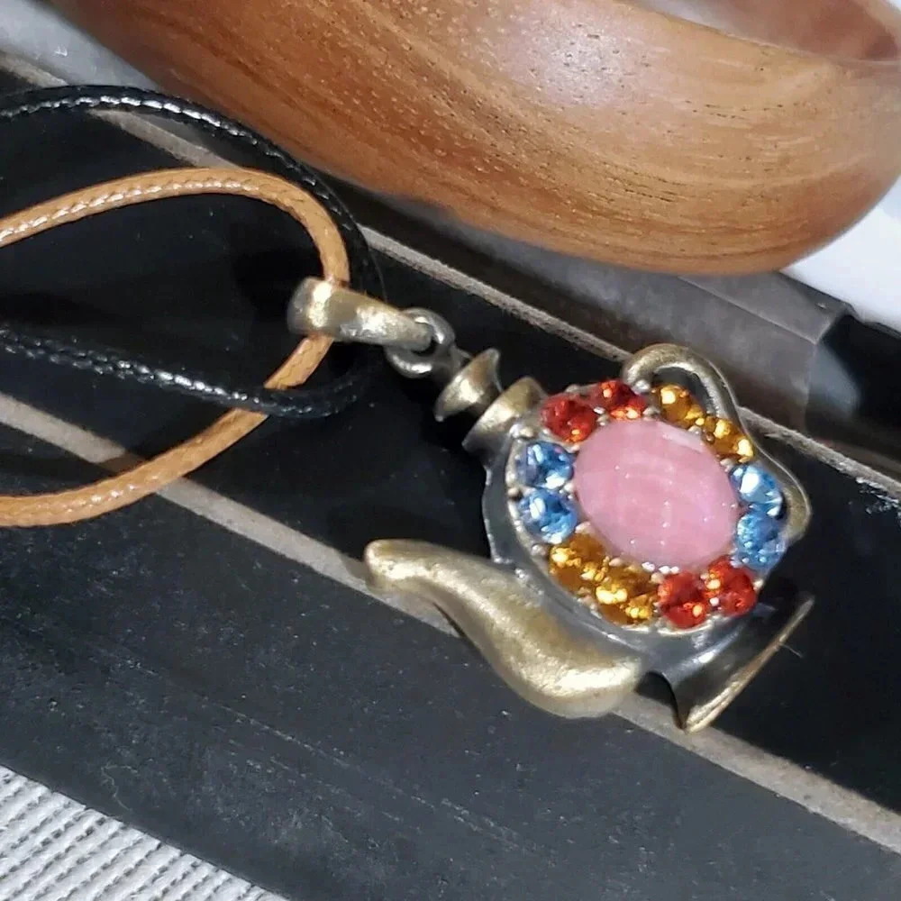 Rustic Antique Bronze Rhinestones Teapot Pendant Necklace Vegan Leather Cord - Picture 7 of 11